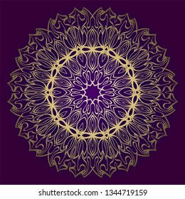 Floral Mandala. Vector Illustration. Repeating Sample Figure And Line. For Fashion Interiors Design, Wallpaper, Textile Industry. Anti-Stress Therapy Pattern. Purple gold color.