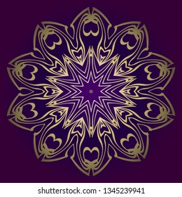 Floral Mandala. Vector Illustration. Repeating Sample Figure And Line. For Fashion Interiors Design, Wallpaper, Textile Industry. Anti-Stress Therapy Pattern. Purple gold color.