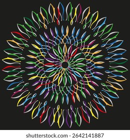 Floral mandala vector. Leafy petal pattern. Radiating round shape. Black background color.