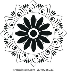 Floral Mandala Vector Outline - Circular Flower Pattern for Coloring Book.

A beautiful, symmetrical floral mandala design featuring an intricate daisy flower core, elegant swirl patterns, and pointed outer petals. This clean black and white line art vector is perfect for adult coloring books, relaxation therapy pages, laser engraving templates, vinyl cutting, and DIY craft projects.