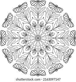 Floral mandala vector outline coloring page for adults for fun and meditation art. Round geometric pattern with floral motifs. Silhouettes of blooming flowers, chamomile, calendula, gerbera, or daisy.