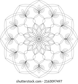 Floral mandala vector outline coloring page for adults for fun and meditation art. Round geometric pattern with floral motifs. Silhouettes of blooming flowers, chamomile, calendula, gerbera, or daisy.
