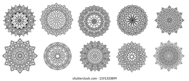 Floral Mandala Vector Pack of 10, Ornament round set with a mandala, Vintage decorative elements. Oriental pattern, vector illustration. Islam, Arabic, Turkish, Pakistan, Chinese, Mandala bundle