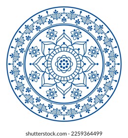 Floral mandala vector pattern - Scandinavian embroidery folk art style- perfect for greeting card or wedding invitation. Retro decorative Nordic background with flowers in navy blue on white