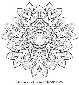 Mandala floral con patrones simples a rayas sobre un fondo blanco aislado. Para colorear páginas de libros.