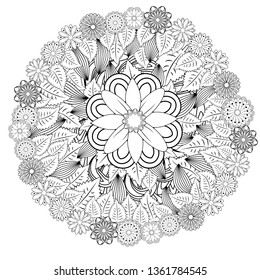 floral mandalaa stylized circular ornament. floral mandala. black-and-white drawing. coloring book for children and adults. page for artbook