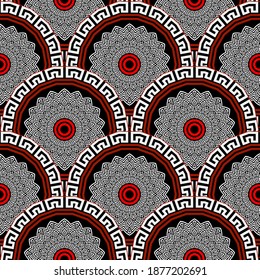 Floral Mandalas sin fisuras. Fondo del vector ornamental. Fondo de repetición de las etnias tribales. El encaje gris enlosado adorna con mandalas redondas, flores, círculos. Resumen de diseño decorativo colorido.