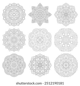 Conjunto de mandalas florales. Páginas para colorear de mandalas intrincadas y simples