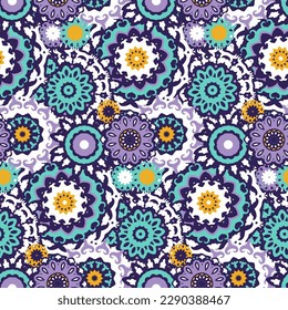 Floral mandalas, vector seamless bohemian pattern. Bright colorful print in boho style