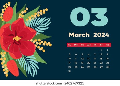 Floral March 2024 calendar template. With bright colorful flowers and leaves. Editable page template with illustrations. Vector mesh. The week starts on Sunday. Vector Colorful Art Design.
