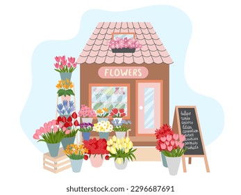 Floral market facade interior illustration. Flat style flower shop decorated with plants and flowers vector illustration.