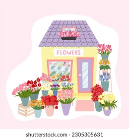 Floral market facade interior illustration. Flat style flower shop decorated with plants and flowers vector illustration.