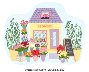 Floral market facade interior illustration. Flat style flower shop decorated with plants and flowers vector illustration.