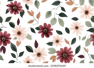 Floral maroon, pink, and green daisy flowers with leaves pattern on a white background