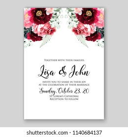 Floral maroon ranunculus pink peony wedding invitation or bridal shower card vector template peony anemone rose