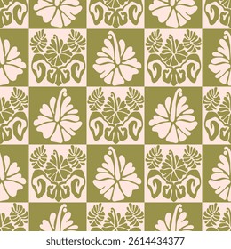 Floral matisse seamless pattern with hibiscus flowers and palms. Tile background in groovy 60s 70s vibes.	