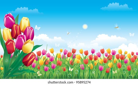 Floral meadow. with bunch of Tulips