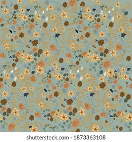 Blumenwiese quadratischer Vektorgrafik nahtloses Muster. Gelbe und braune Blumen auf Chaki, grauer Hintergrund. Oberflächendesign für Stoff, Tapete, Wickelpapier.
