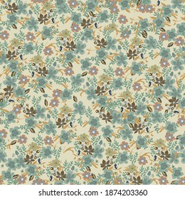 Vector cuadrado de pradera floral sin fisuras. Flores verdes y marrones sobre caqui, fondo beige. Diseño de superficie para tela, papel de pared, papel de envoltura.