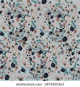 Floral meadow square vector seamless pattern. Black and blue flowers on khaki, grey color background. Surface design for fabric, wallpaper, wrapping paper.
