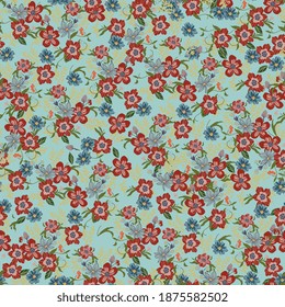 Floral meadow square vector seamless pattern. Red and blue flowers on turquoise, green color background. Surface design for fabric, wallpaper, wrapping paper.