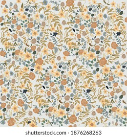 Floral meadow square vector seamless pattern. Yellow and blue flowers on beige, cream color background. Surface design for fabric, wallpaper, wrapping paper.