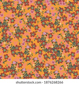 Floral meadow square vector seamless pattern. Red and blue flowers on orange, tangerine color background. Surface design for fabric, wallpaper, wrapping paper.