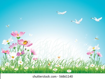 floral meadow with swan