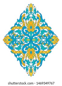 Floral medallion for design with snakes. Blue and yellow template for carpet, wallpaper, textile and any surface. Colorful vector ornament on a white background.