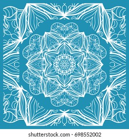 Floral Medallion Ornamental Rug. Ethnic Mandala Frame. Fabric, greeting card, coloring book, phone case print. Vector illustration. Blue color