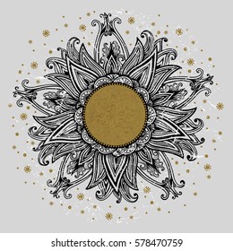 Floral medallion pattern.  Hand drawn vintage frame. Mandala ornament. Can be used for textile, greeting card, coloring book, phone case print. Vector  illustration.