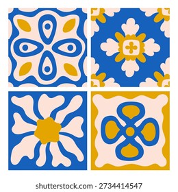 Floral Mediterranean Tile Seamless Patterns Set. Yellow Blue Abstract Geomantic Flower Shape Elements Background. Minimal Blossom Decor. Repeatable vector illustration in hand drawn style