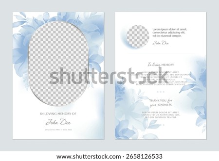 Floral memorial card template, featuring elegant translucent flowers and leaves in shades of blue on a solid white background