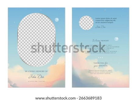 Floral memorial card template, featuring twilight sky with soft, colorful clouds, moon and stars
