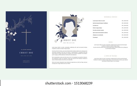 Floral memorial and funeral invitation card template design, cherry blossom and leaves, blue and brown tones