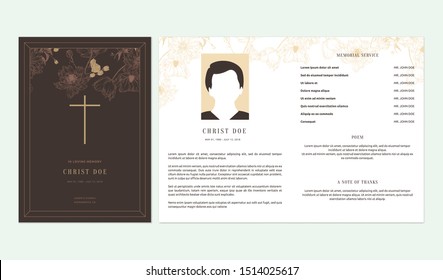 Floral Memorial And Funeral Invitation Card Template Design, Outline Various Flowers, Brown Tone