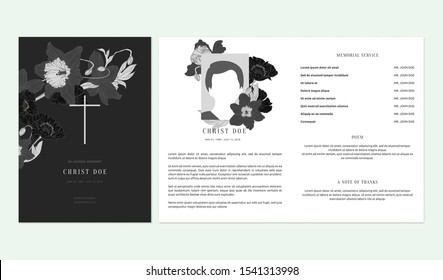 Floral Memorial And Funeral Invitation Card Template Design, Daffodils And Poppies, Dark Grey Tones