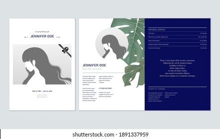 Floral memorial and funeral invitation card template design, Split-leaf Philodendron, blue tone