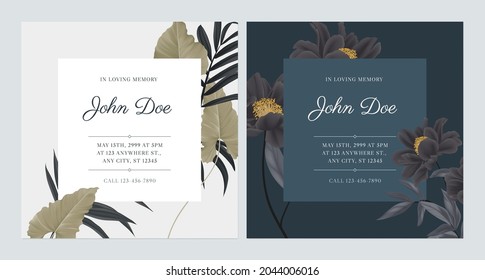 Floral memorial and funeral invitation card template design, bright and dark theme