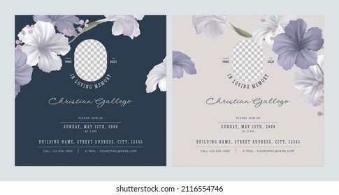 Floral Memorial And Funeral Invitation Card Template Design, Blue And Brown Decorate With Ruellia Tuberosa Flowers