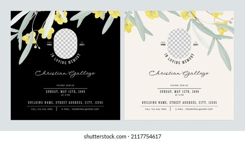 Floral memorial and funeral invitation card template design, brown and grey decorated with golden shower flowers and leaves