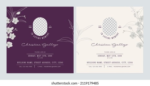 Floral Memorial And Funeral Invitation Card Template Design, Purple And Brown Decorated With Golden Shower Flowers And Leaves