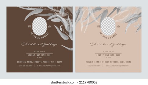 Floral memorial and funeral invitation card template design, brown decorated with grey eucalyptus leaves