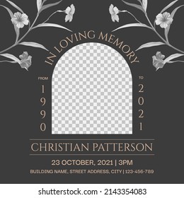 Floral memorial and funeral invitation card template design, dark grey decorated with Ruellia tuberosa flowers