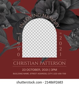 Floral Memorial And Funeral Invitation Card Template Design, Red Decorated With Black Semi-double Camellia And Rose