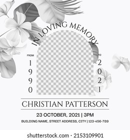 Floral memorial and funeral invitation card template design, bright grey decorated with black and white Plumeria flowers and leaves