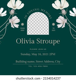 Floral Memorial And Funeral Invitation Card Template Design, Dark Green Decorated With Cosmos Flowers