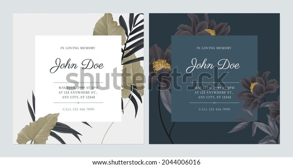 Floral memorial and funeral invitation card\
template design, bright and dark\
theme