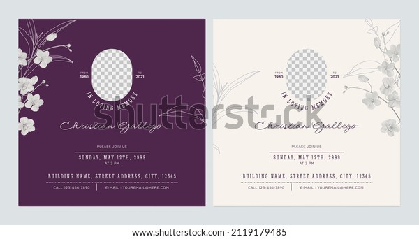 Floral memorial and funeral invitation card\
template design, purple and brown decorated with golden shower\
flowers and leaves