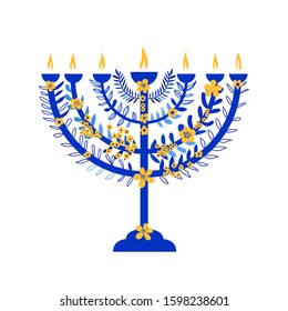 Floral menorah isolated on white background. Religion icon. Traditional symbol. Holiday religion, jewish festival of Lights. Vector image.